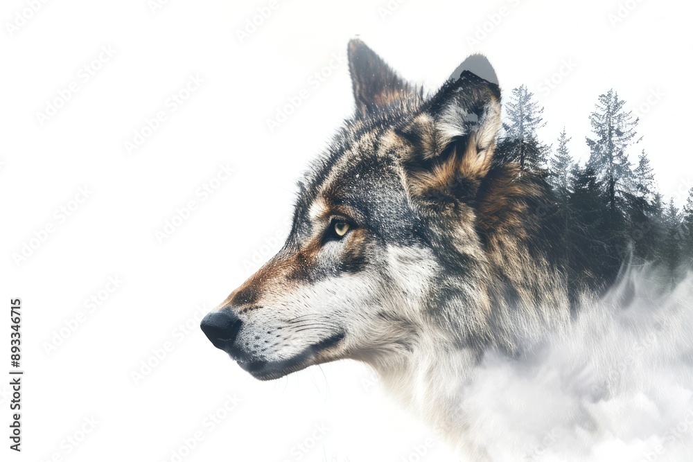 Obraz premium Majestic Wolf Double Exposure with Forest Landscape