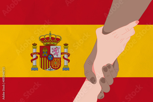 Helping hand against the Spain flag. The concept of support. Two hands taking each other. A helping hand for those injured in the fighting, lend a hand photo