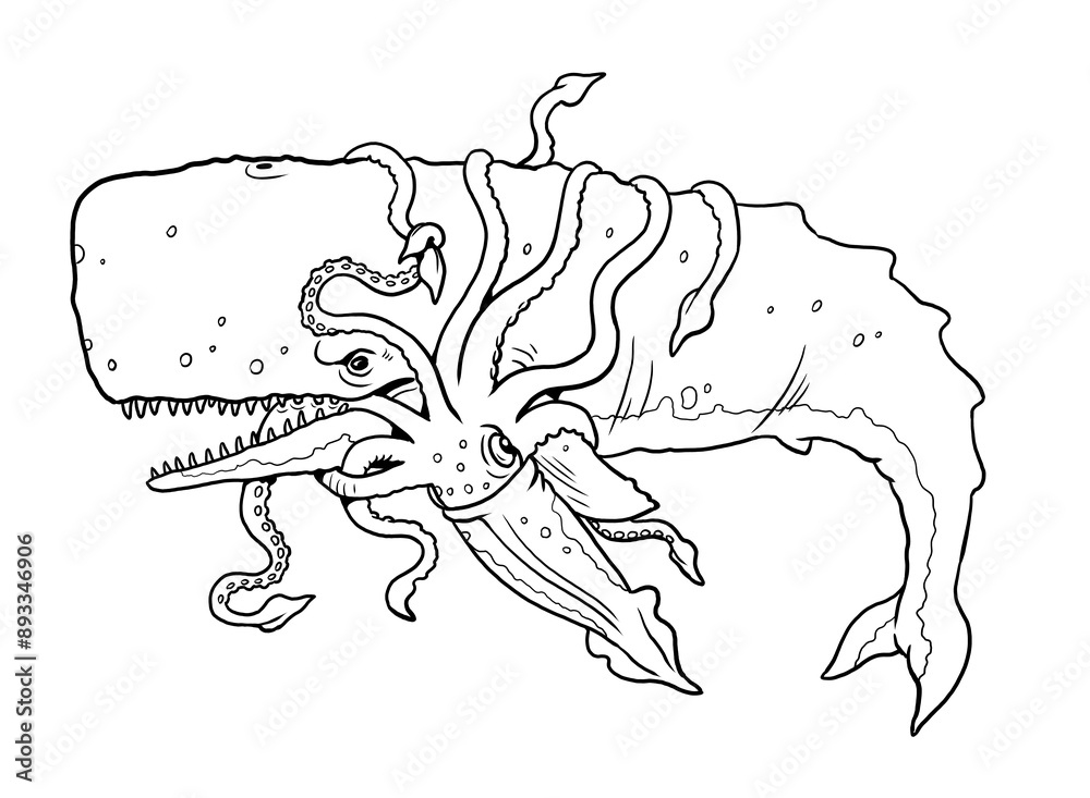 Fototapeta premium Battle between prehistoric whale Livyatan with the gigantic squid. Coloring page with prehistoric animals.