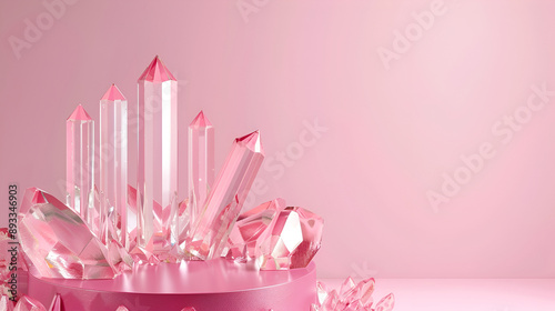 crystals of quartz and amethyst on a pink background with water drops,3d render of a group of crystals on a pink background,beautiful large pink crystals isolated on pink background