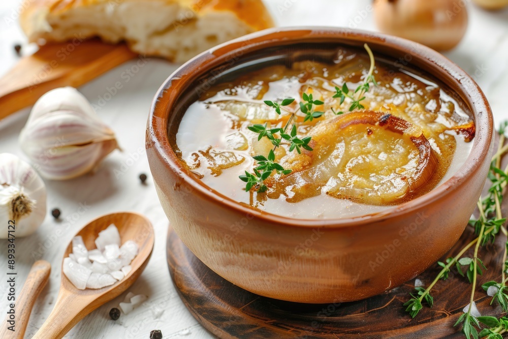 Delectable French Onion Soup in Ceramic Bowl Topped with Melted Cheese and Fresh Herbs Delectable French Onion Soup in Ceramic Bowl Topped with Melted Cheese and Fresh Herbs