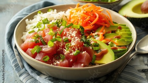 A vibrant poke bowl with tuna, avocado, and rice, Hawaiian cuisine, fresh, nutrition