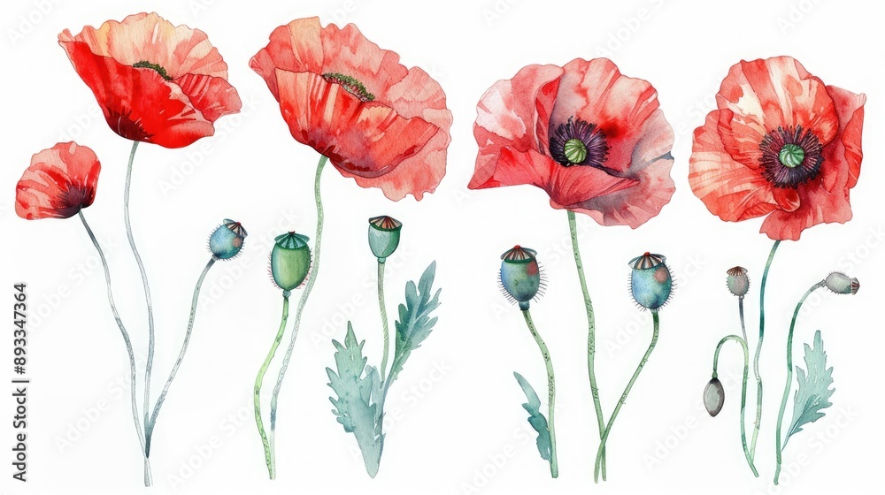 Naklejka premium set of poppies on white background