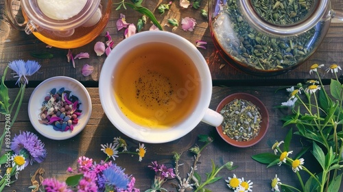 Beautiful herbal tea setup with flowers and loose leaves, wellness, relaxation, natural remedies