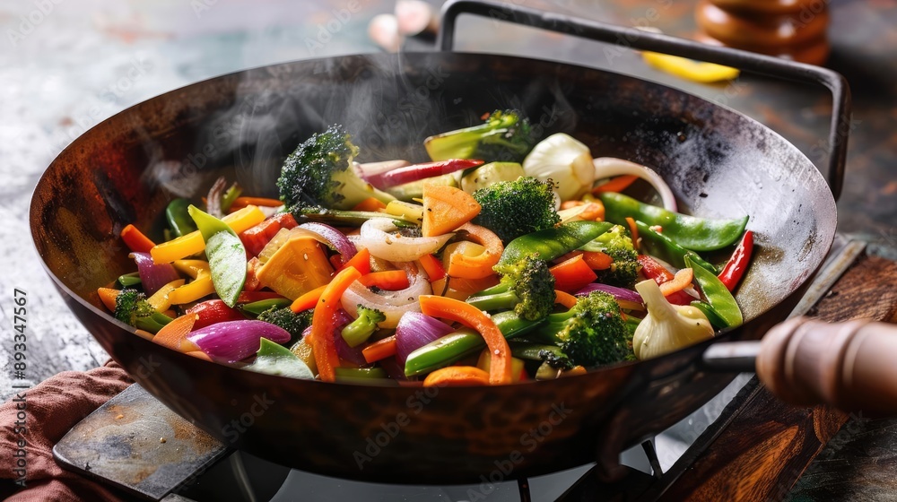 Colorful vegetable stir-fry in a wok, healthy cooking, Asian cuisine, balanced diet Colorful vegetable stir-fry in a wok, healthy cooking, Asian cuisine, balanced diet
