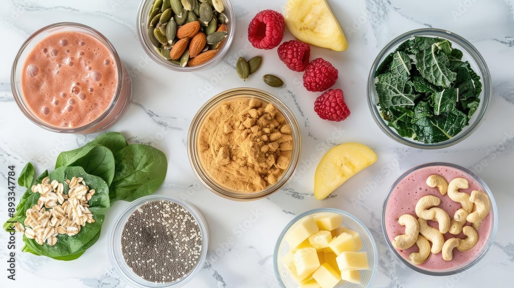 Fresh smoothie ingredients laid out on a marble counter, health kick, prep, natural Fresh smoothie ingredients laid out on a marble counter, health kick, prep, natural