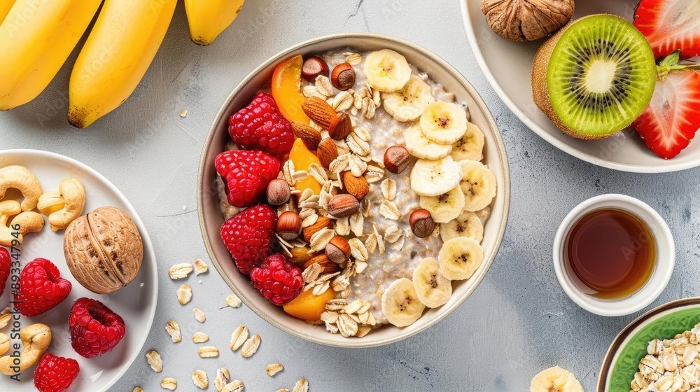 Nutritious breakfast setup with oats, fruits, and nuts, energy, wholesome, morning routine Nutritious breakfast setup with oats, fruits, and nuts, energy, wholesome, morning routine