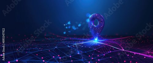 Abstract blue location point or map pin on path digital marketing technology tech innovation.