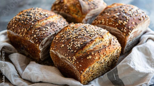 Rustic bread made from whole grains and seeds, artisanal, healthful, homemade photo