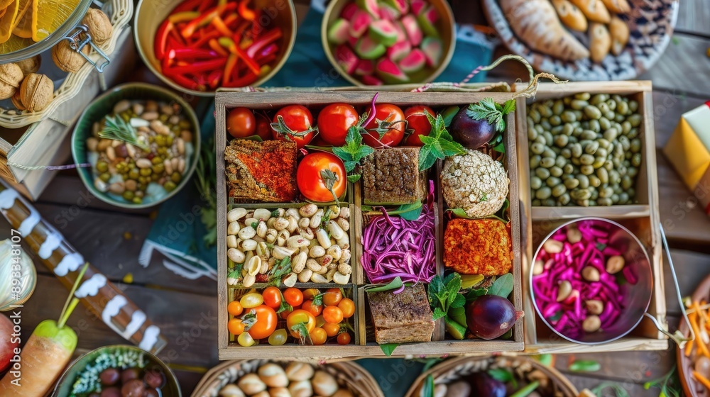 Artistic gift box with healthy culinary delights at a vibrant festival, gourmet, festive, nutrition