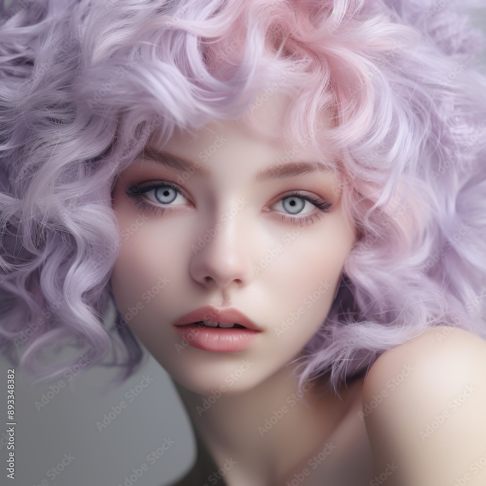 a close up of a face of a girl with green eyes, with lavender pastel cascade color hair, soft appearance