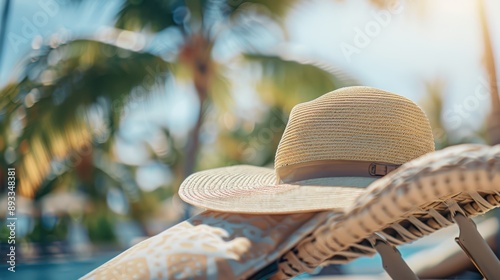 Fototapeta Naklejka Na Ścianę i Meble -  A close-up of a beach chair with a sun hat resting on it, detailed view of the hat's texture and chair's fabric