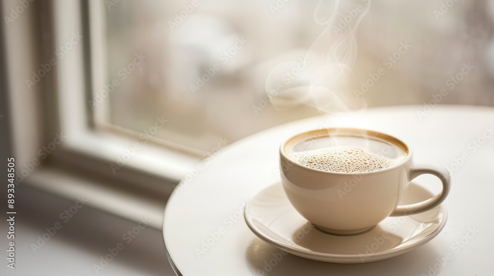 A close-up of a coffee cup with a saucer, creamy coffee with steam, placed on a minimalist white table by a window A close-up of a coffee cup with a saucer, creamy coffee with steam, placed on a minimalist white table by a window