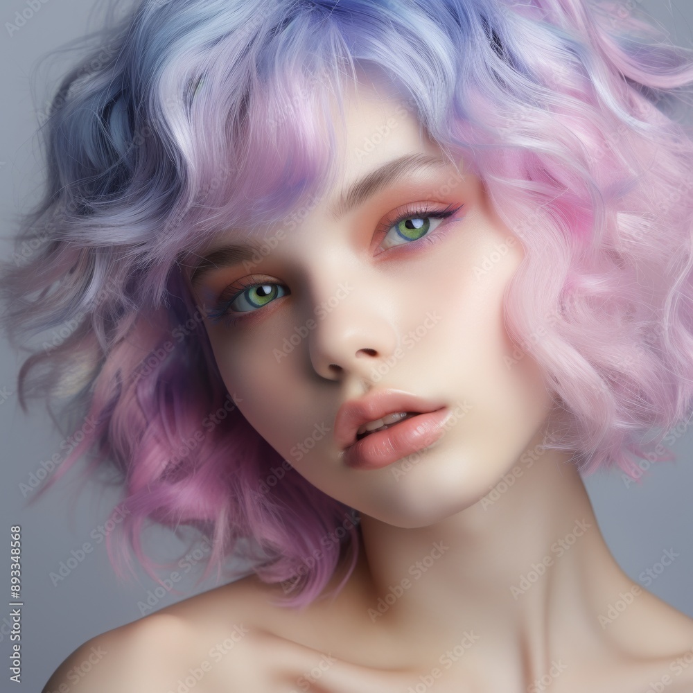 a close up of a face of a girl with green eyes, with lavender pastel cascade color hair, soft appearance a close up of a face of a girl with green eyes, with lavender pastel cascade color hair, soft appearance
