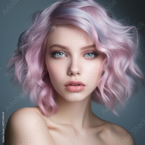 a close up of a face of a girl with green eyes, with lavender pastel cascade color hair, soft appearance