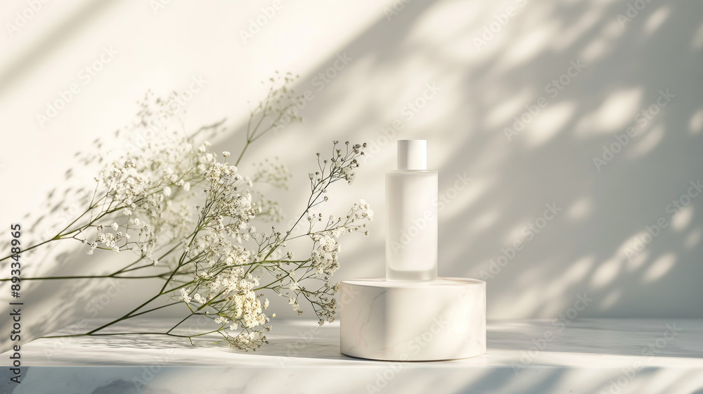 An elegant glass perfume bottle with a gold cap is placed on a clean white marble podium in front of a soft grey background An elegant glass perfume bottle with a gold cap is placed on a clean white marble podium in front of a soft grey background