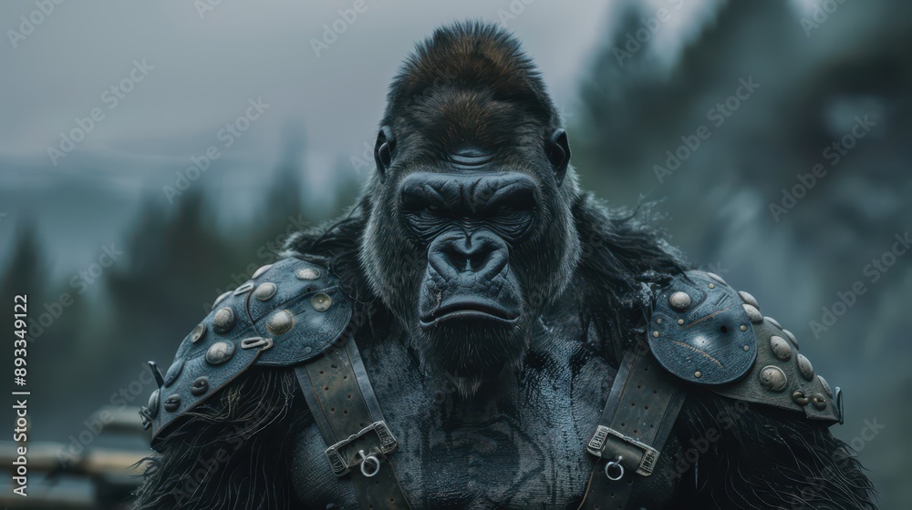 Fototapeta premium A close-up of a gorilla in Viking armor, detailed view of the leather and metal mix, fierce and determined expression