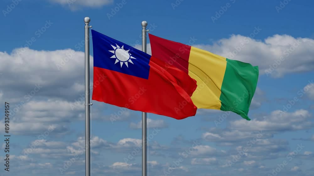 Republic of Guinea or Guinea-Conakry and Taiwan flags flying together, video concept of the relationship, two country relations concept Republic of Guinea or Guinea-Conakry and Taiwan flags flying together, video concept of the relationship, two country relations concept