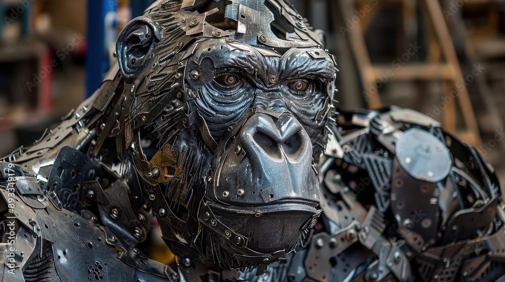 A close-up of a gorilla sculpture made from scrap metal, detailed view of the intricate metal pieces forming the face and body A close-up of a gorilla sculpture made from scrap metal, detailed view of the intricate metal pieces forming the face and body