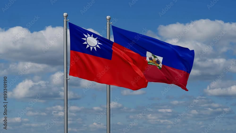Haiti and Taiwan flags flying together, video concept of the relationship, two country relations concept Haiti and Taiwan flags flying together, video concept of the relationship, two country relations concept