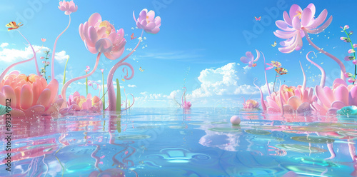 Fototapeta Naklejka Na Ścianę i Meble -  3d render of magical fantasy water scene with blue and purple gradient sky, fantasy flowers on floating islands.