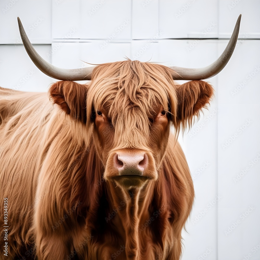 A majestic old Highland cow with impressively long, curved horns, set against a pristine white background A majestic old Highland cow with impressively long, curved horns, set against a pristine white background