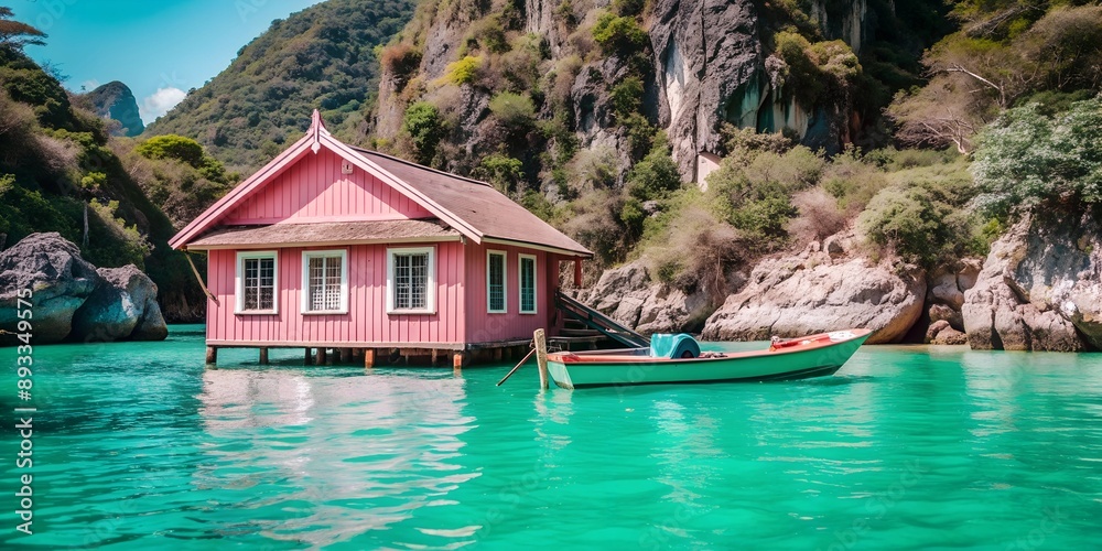 Obraz premium The landscape of a pink house near a lake in the mountains, a bright green lake and a boat, nature, the comfort of wallpaper background architecture