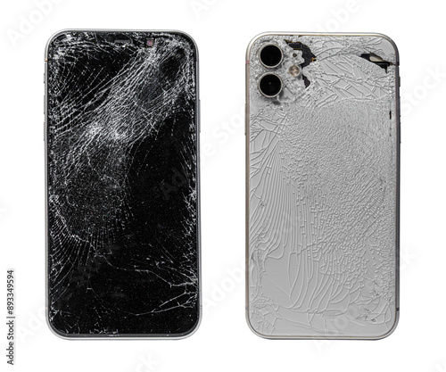Broken cracked curved phone smartphone closeup isolated on transparent background with shadow, front and rear view. On the phone smartphone sat on and broke.