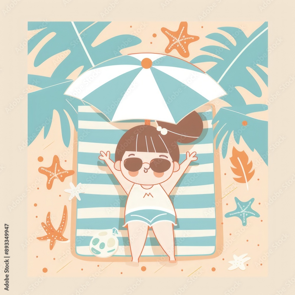 Flat vector illustration of a girl sunbathing on the beach, with a simple design in a minimalistic style. Flat vector illustration of a girl sunbathing on the beach, with a simple design in a minimalistic style.