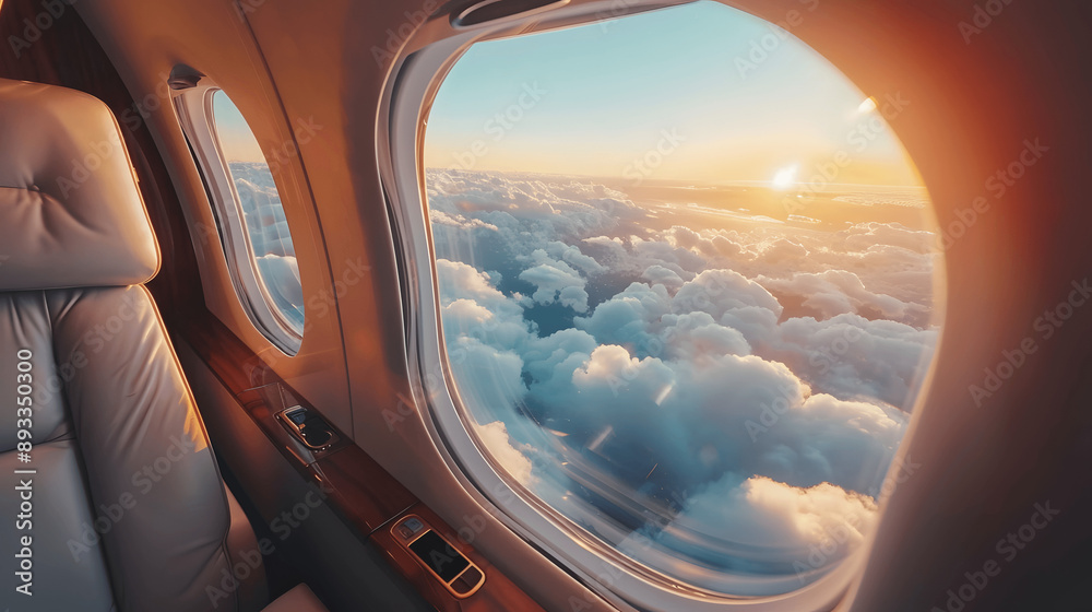 Private jet in flight with panoramic view of clouds Private jet in flight with panoramic view of clouds