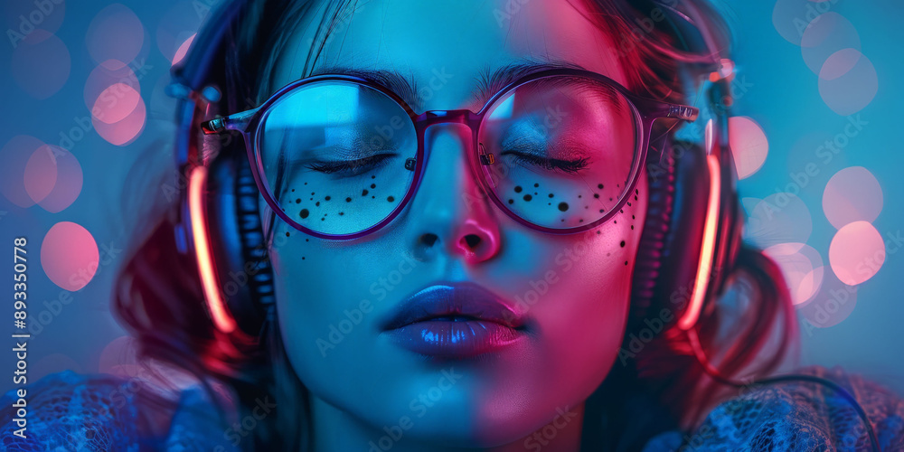 Woman with glasses enjoying music with headphones, immersed in a colorful and vibrant atmosphere. Woman with glasses enjoying music with headphones, immersed in a colorful and vibrant atmosphere.