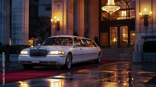 White limousine parked in front of upscale hotel entrance photo