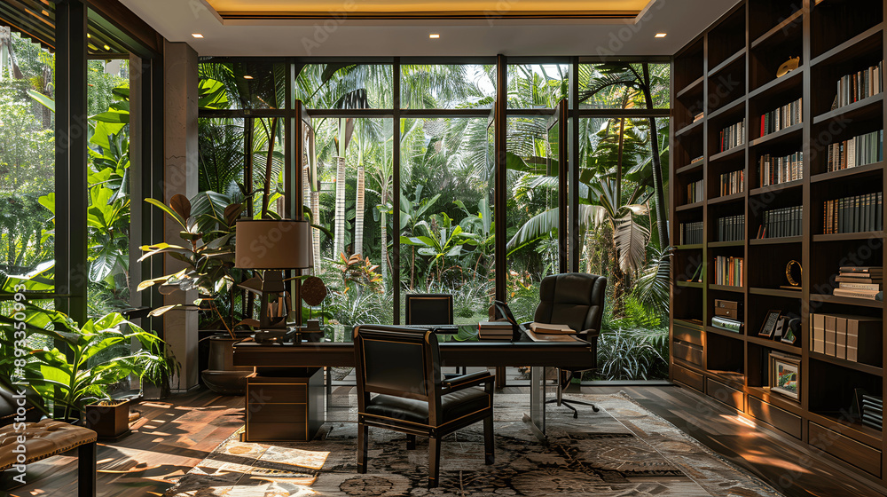 Home office with dark wood furniture and garden view Home office with dark wood furniture and garden view