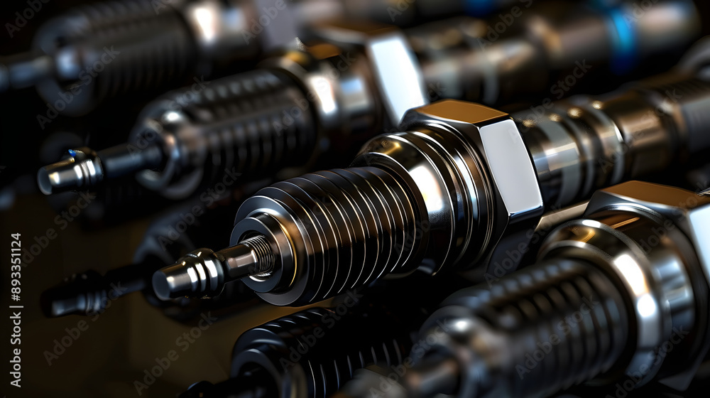Close up of nickel electrode spark plugs for gas engines in an automotive repair setting on a black background