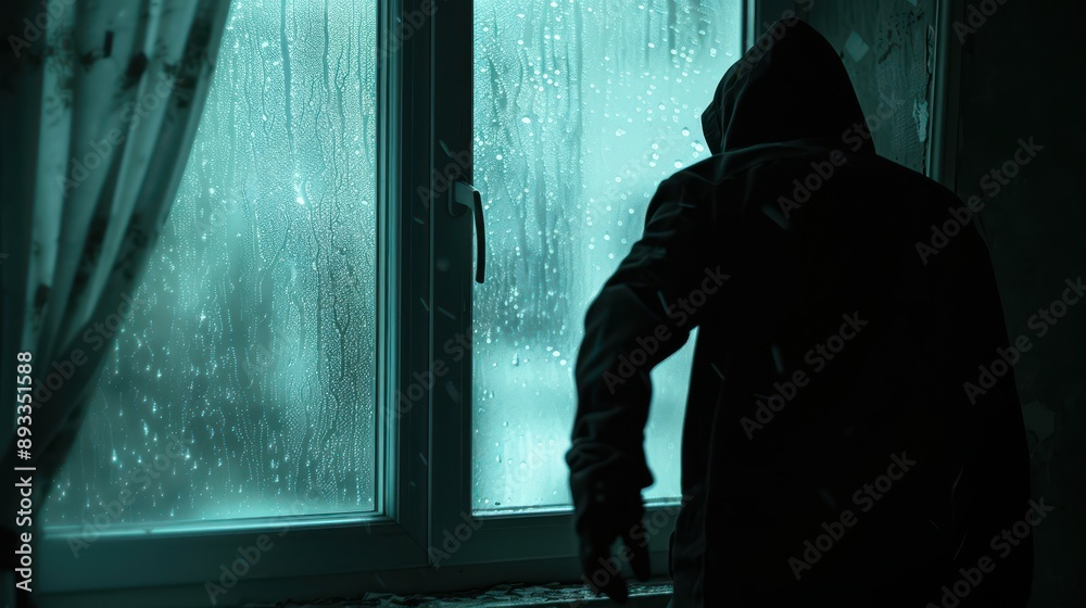A close-up of a thief's silhouette entering through a window, dark clothing and gear visible, moonlight casting shadows A close-up of a thief's silhouette entering through a window, dark clothing and gear visible, moonlight casting shadows