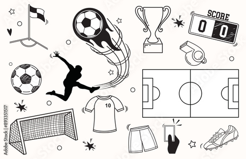 Doodle soccer element set. Football goal, award cup, soccer ball hand drawn line doodle sketch style equipment.