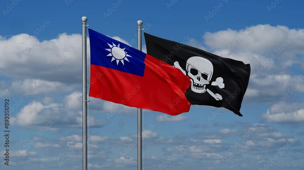 Taiwan and Jolly Roger or pirate flags flying together, video concept of the relationship Taiwan and Jolly Roger or pirate flags flying together, video concept of the relationship