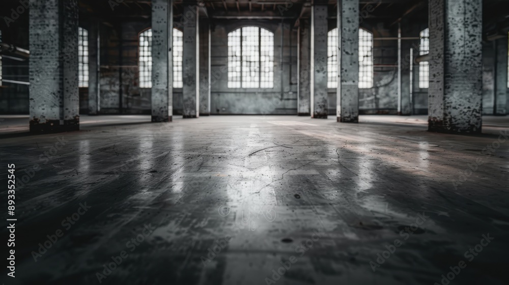 Fototapeta premium The image shows an empty industrial warehouse with concrete pillars and large windows, creating a sense of vastness and abandonment, with light reflecting off the floor.
