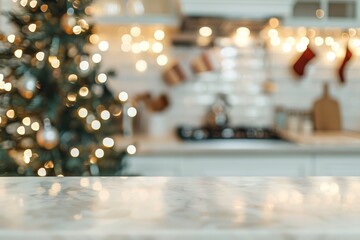 The kitchen is filled with a festive atmosphere, featuring a blurred Christmas tree and lights in the background. The cozy setting is decorated for the holidays, creating a joyful and warm scene