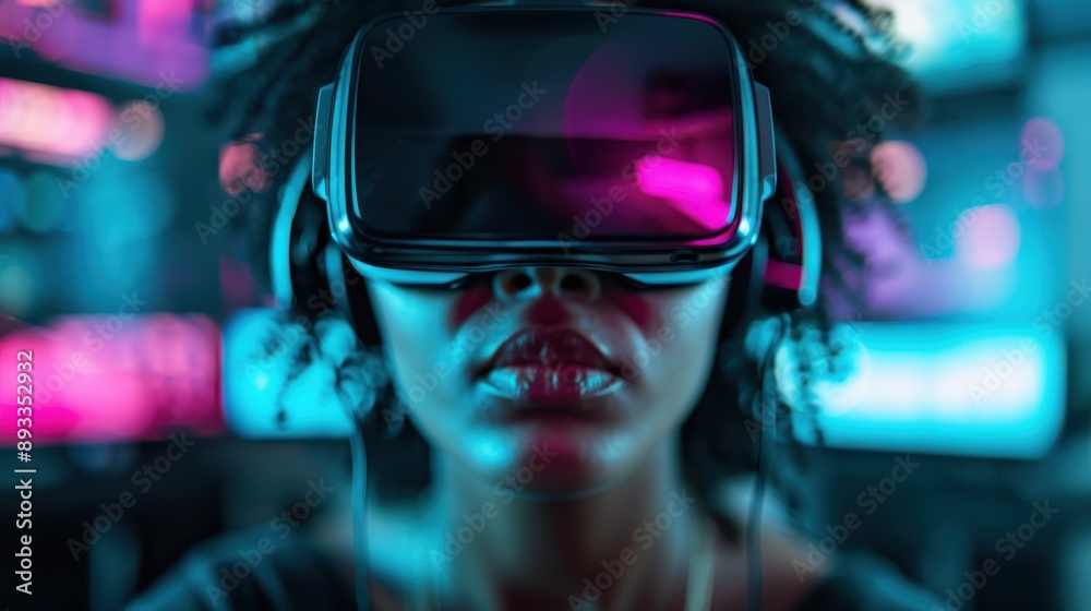 A VR headset closely fitted on a wearer, against vibrant and colorful background lights, representing the integration of immersive technology and modern experiences. A VR headset closely fitted on a wearer, against vibrant and colorful background lights, representing the integration of immersive technology and modern experiences.