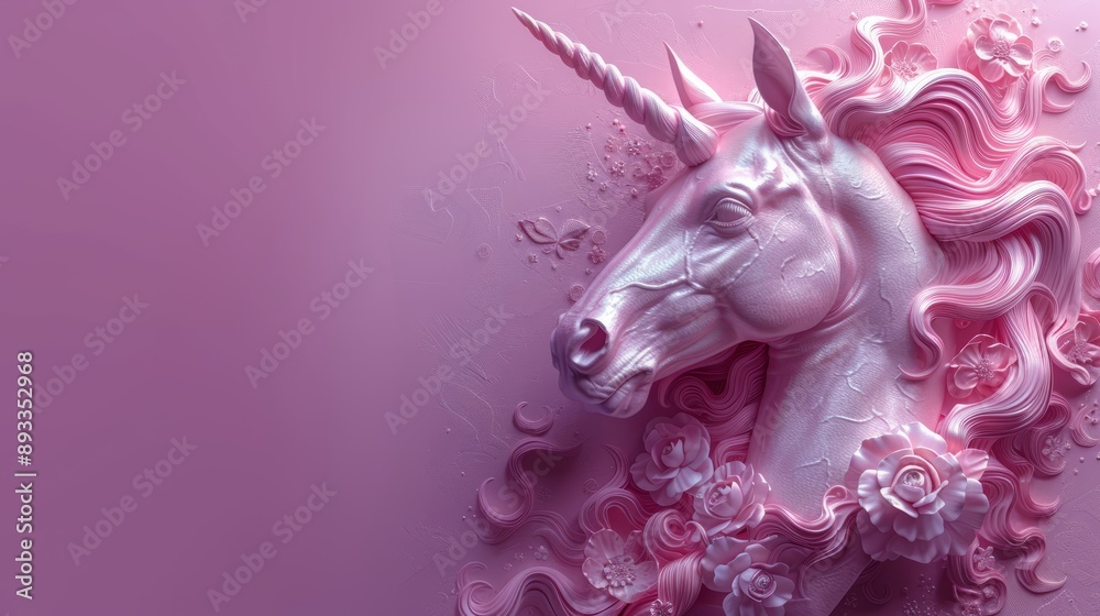 Fototapeta premium In a fantastic sky filled with pink clouds and lights, there is a lovely unicorn with colorful horns.