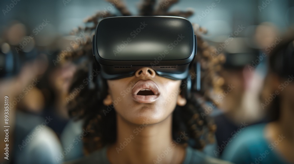 A person deeply engaged in virtual reality, surrounded by a crowd of VR users in a communal setting, illustrating the widespread appeal and immersive nature of VR technology. A person deeply engaged in virtual reality, surrounded by a crowd of VR users in a communal setting, illustrating the widespread appeal and immersive nature of VR technology.