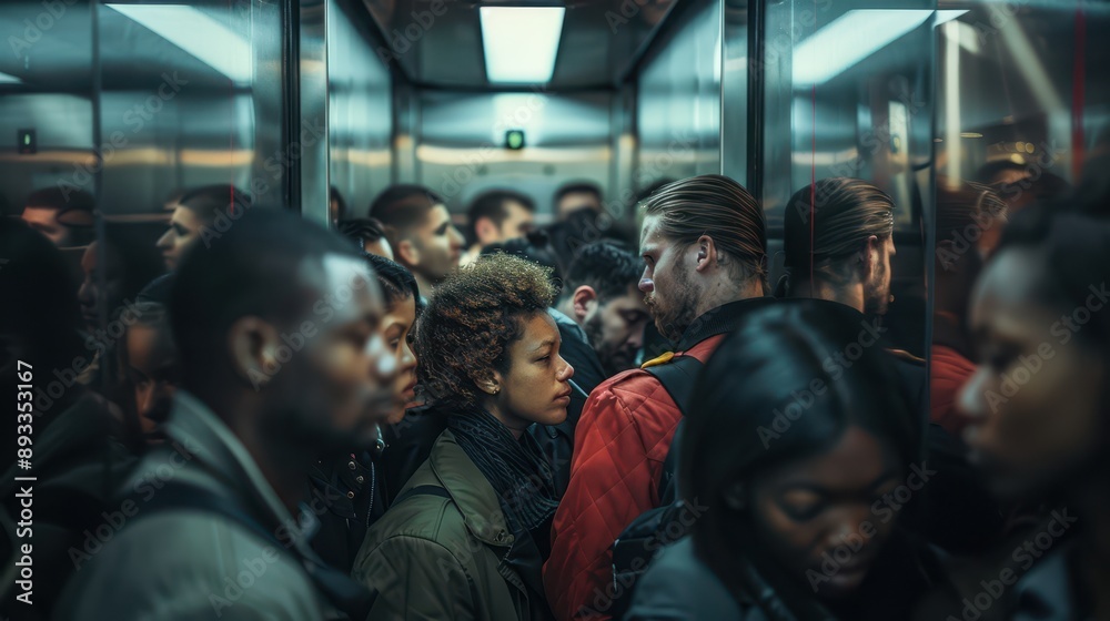 A close-up photograph of office workers, standing tightly packed in a train, after work hours A close-up photograph of office workers, standing tightly packed in a train, after work hours