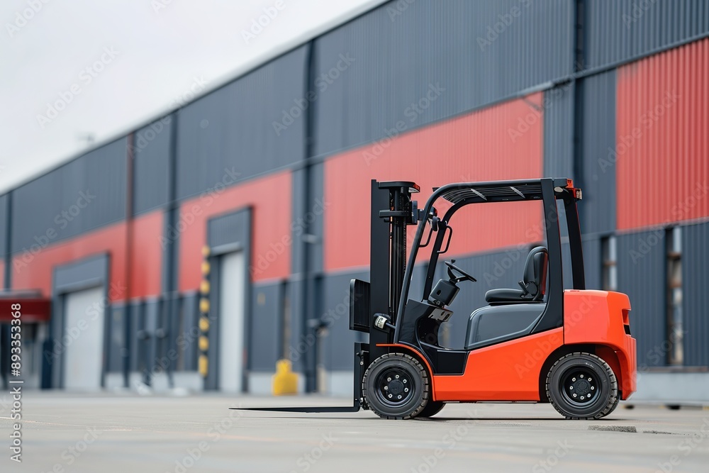 Forklift with a clean, modern design parked in front of a factory Forklift with a clean, modern design parked in front of a factory