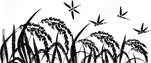 実った稲穂とトンボのシルエットイラスト