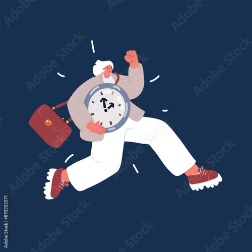 Cartoon vector illustration of Concept of deadline and time pressure. Busy person and clocks running. Office worker trying to keep up with schedule and plan, doing it under the wire over dark backgrou