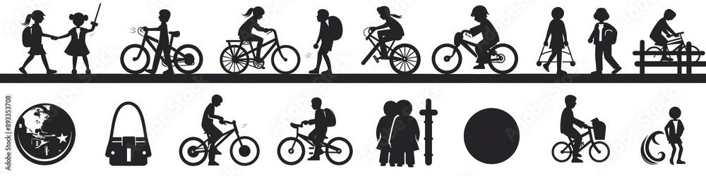 Obraz premium Black icons for school themes, featuring students with bicycles and sports activities.