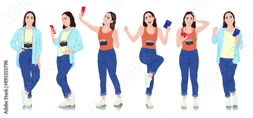 Young woman tourist with camera and smartphone. Female in casual clothes with a suitcase, passport, and tickets. Young female traveler goes on a journey. Vector illustration set isolated on white