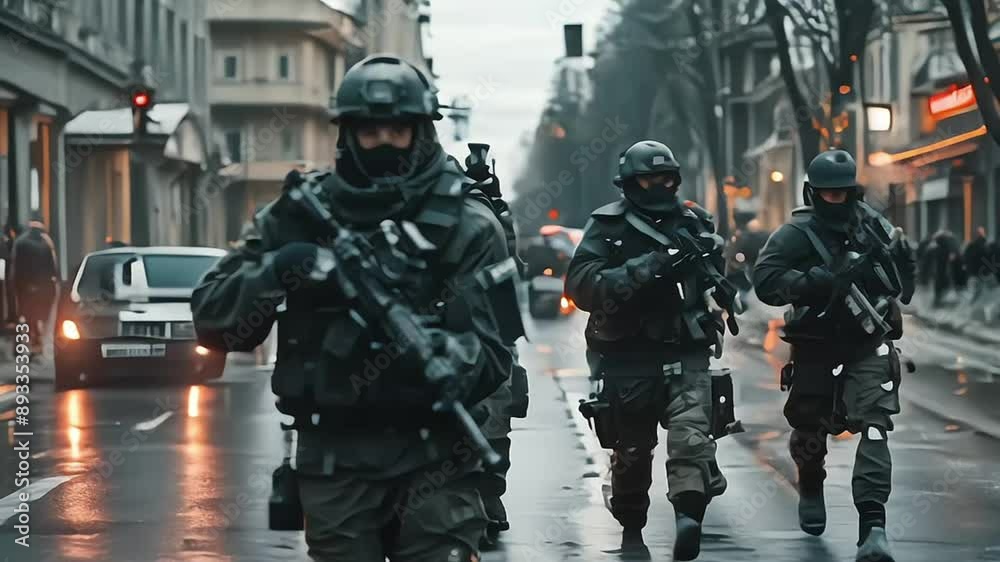 Spec cops police officers in action in the streets of the city. A military special force with futuristic tactical gear and weapons Spec cops police officers in action in the streets of the city. A military special force with futuristic tactical gear and weapons