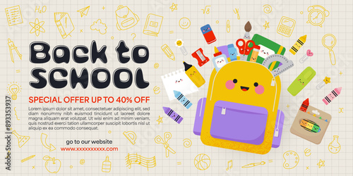 Back to School banner with school supplies. Flat vector Illustration in cute kawaii style